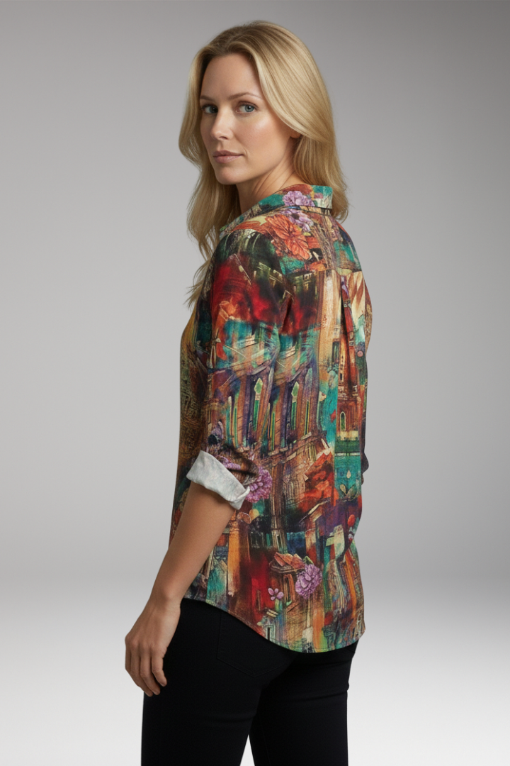 Women’s Blouse with Artistic Print and V-Neck