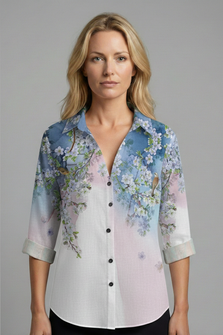 Women’s Blouse with Artistic Print and V-Neck