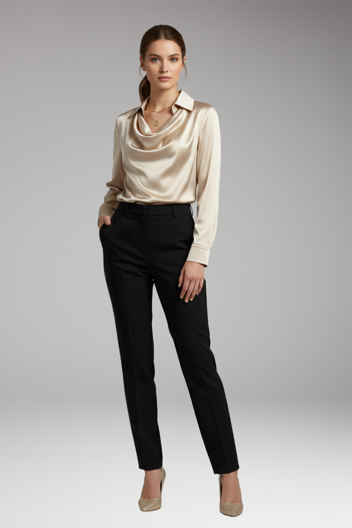 Women’s Blouse with Draped Collar and Long Sleeves