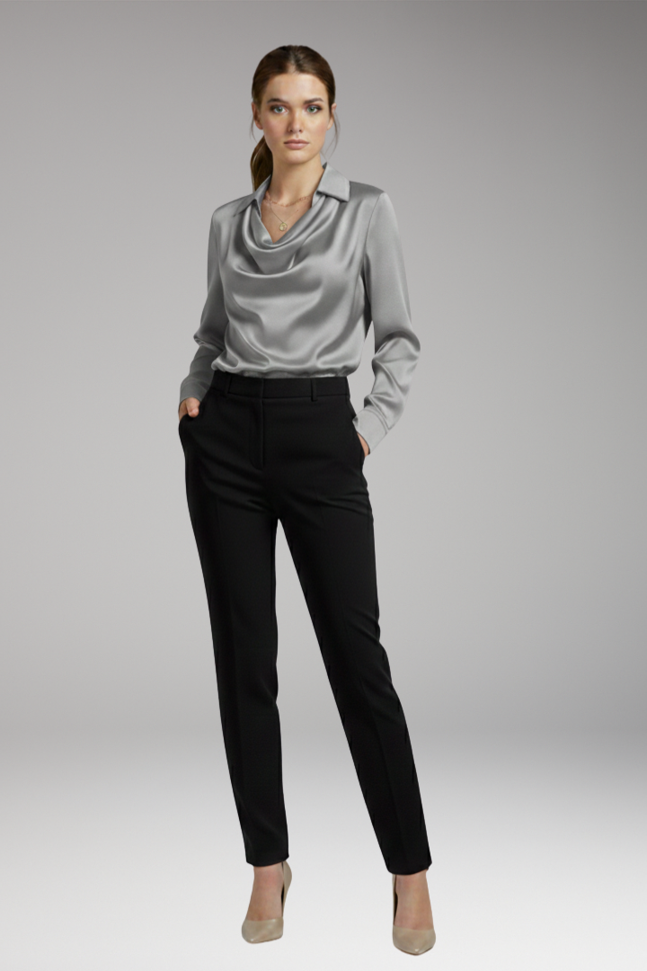 Women’s Blouse with Draped Collar and Long Sleeves