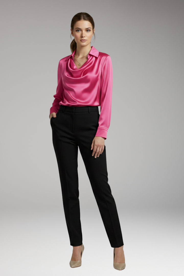 Women’s Blouse with Draped Collar and Long Sleeves
