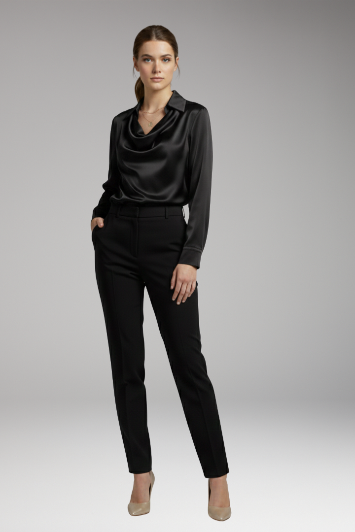 Women’s Blouse with Draped Collar and Long Sleeves