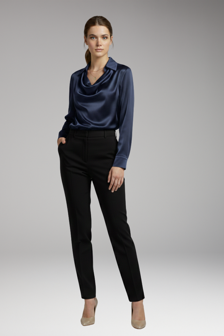 Women’s Blouse with Draped Collar and Long Sleeves
