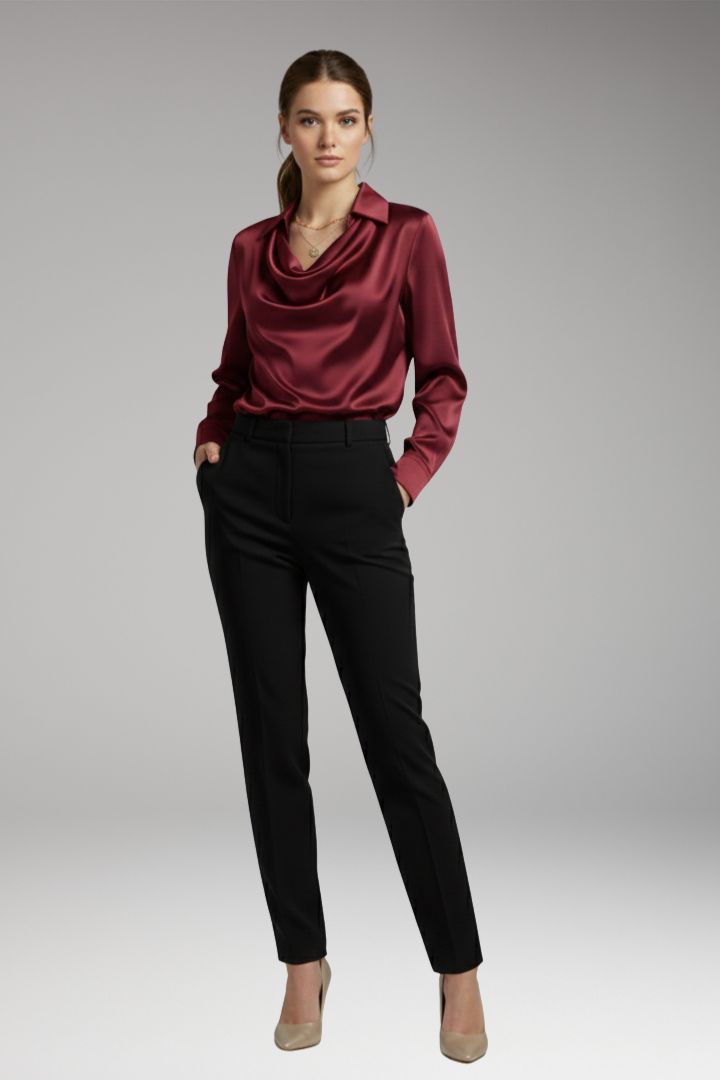 Women’s Blouse with Draped Collar and Long Sleeves