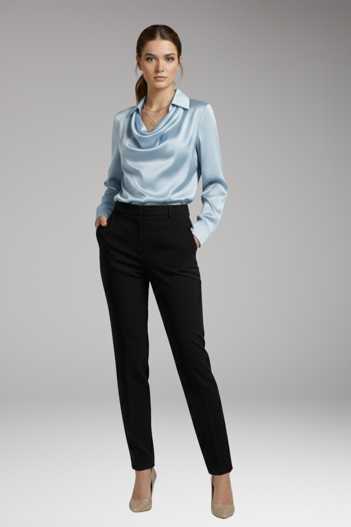 Women’s Blouse with Draped Collar and Long Sleeves