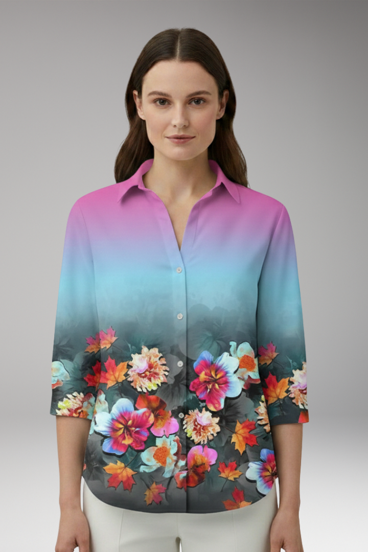 Women’s Blouse with Floral Pattern and Button-Up Front