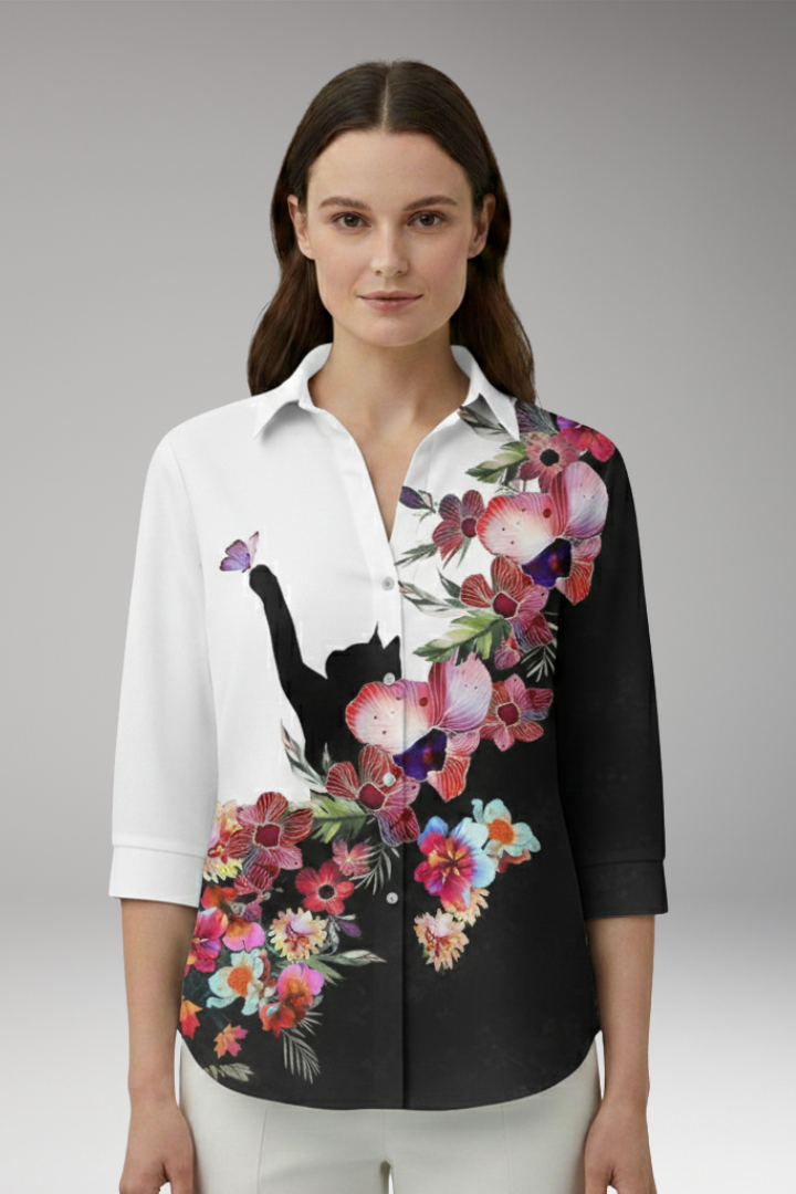 Women’s Blouse with Floral Pattern and Button-Up Front