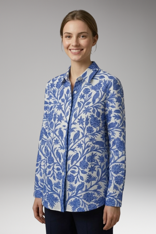 Women's Blouse with Floral Print and Bird Motif