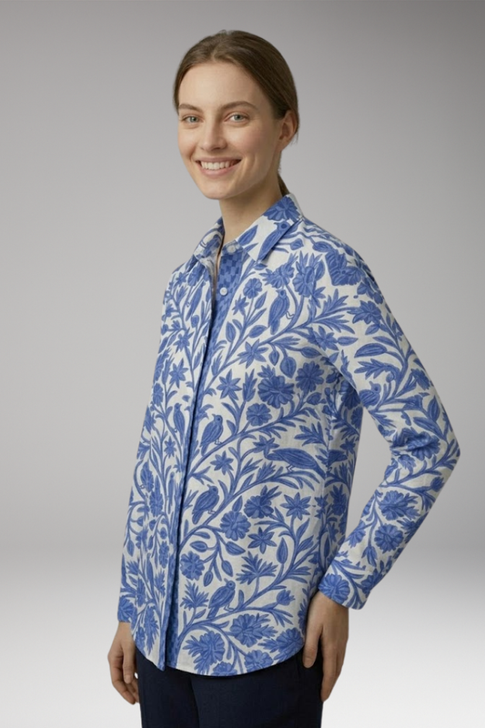 Women's Blouse with Floral Print and Bird Motif