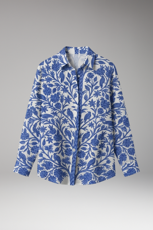 Women's Blouse with Floral Print and Bird Motif