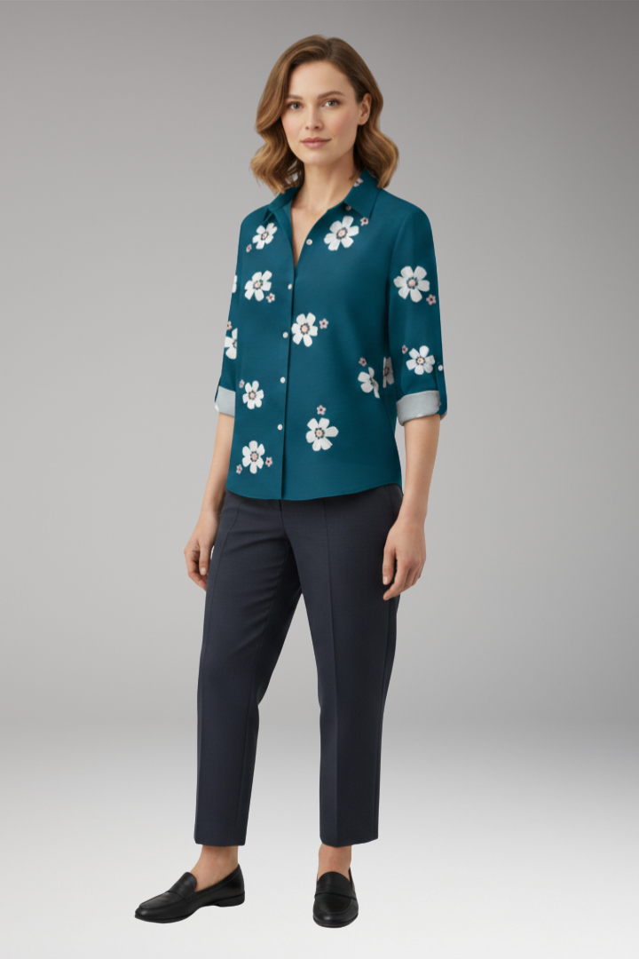 Women’s Blouse with Floral Print and Button Placket
