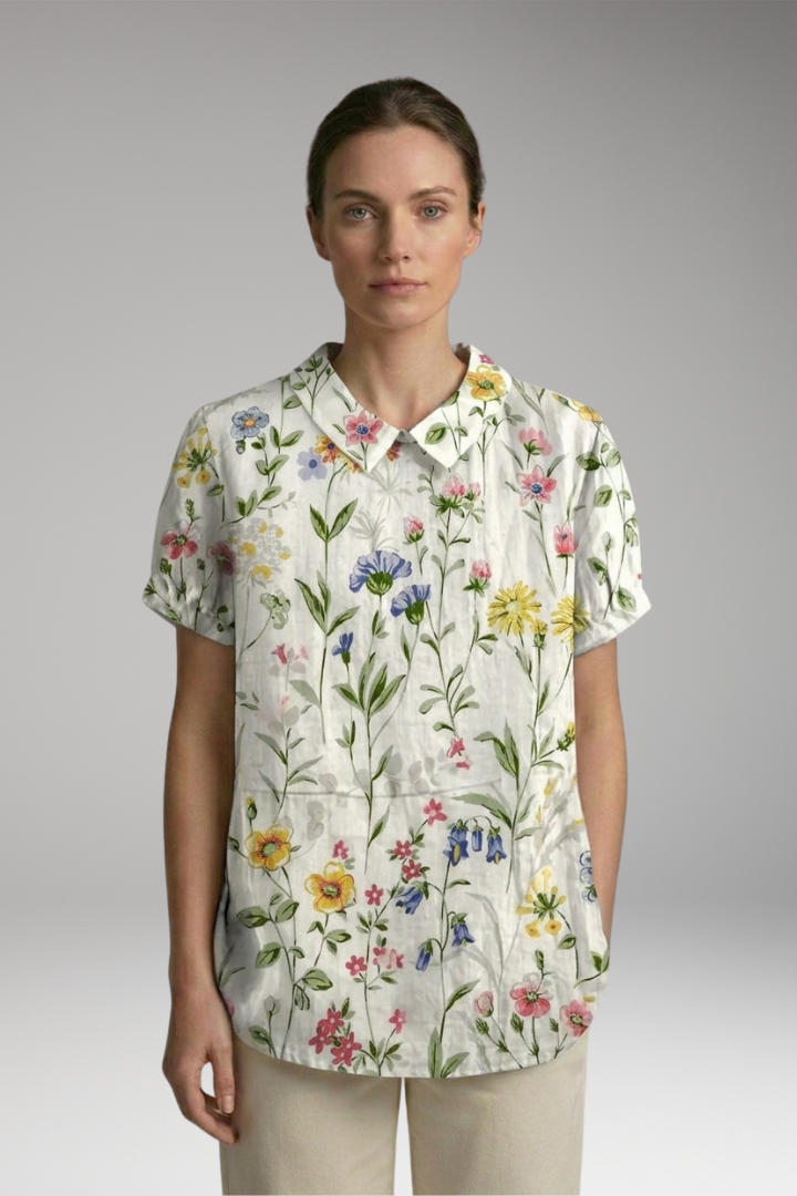 Women's Blouse with Floral Print and Collared Neck