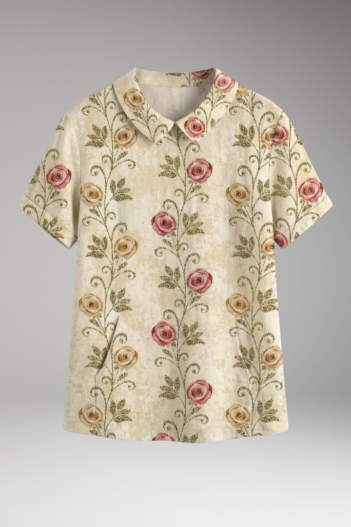 Women's Blouse with Floral Print and Collared Neck