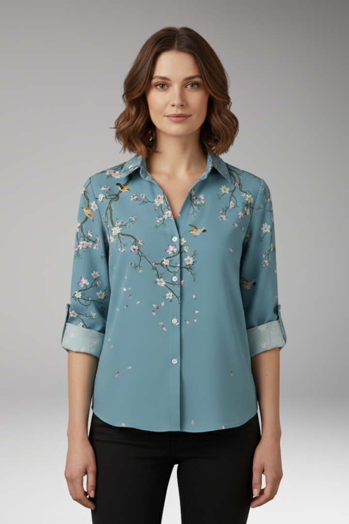 Women's Blouse with Floral Print and V-Neck