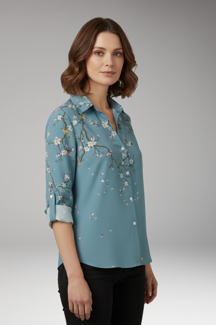 Women's Blouse with Floral Print and V-Neck