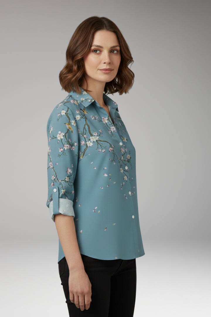 Women's Blouse with Floral Print and V-Neck