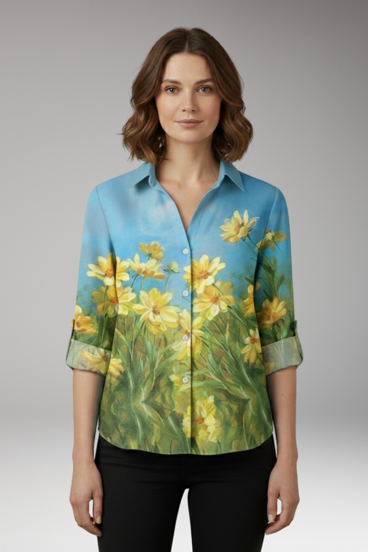 Women's Blouse with Floral Print and V-Neck