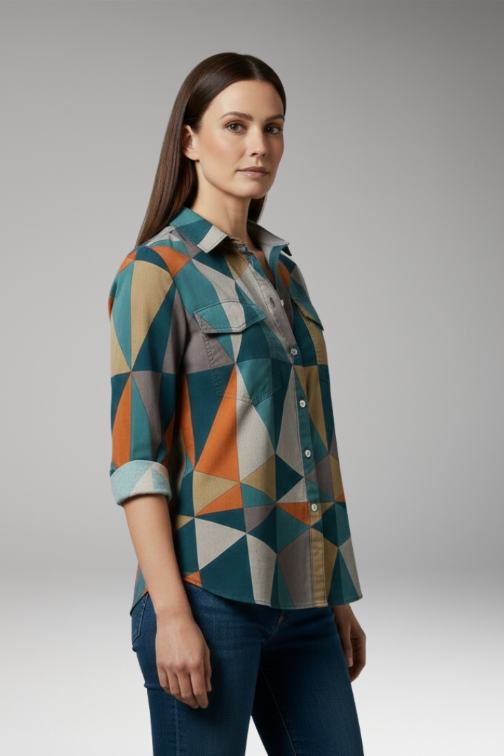Women’s Blouse with Geometric Print and Long Sleeves