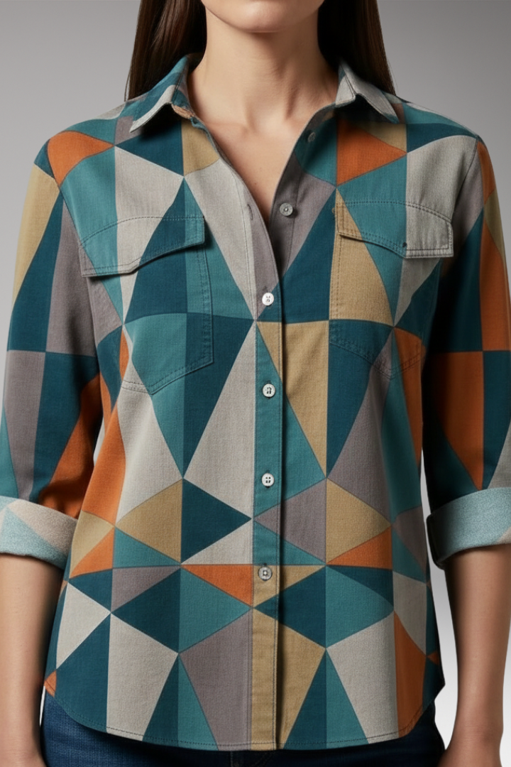 Women’s Blouse with Geometric Print and Long Sleeves