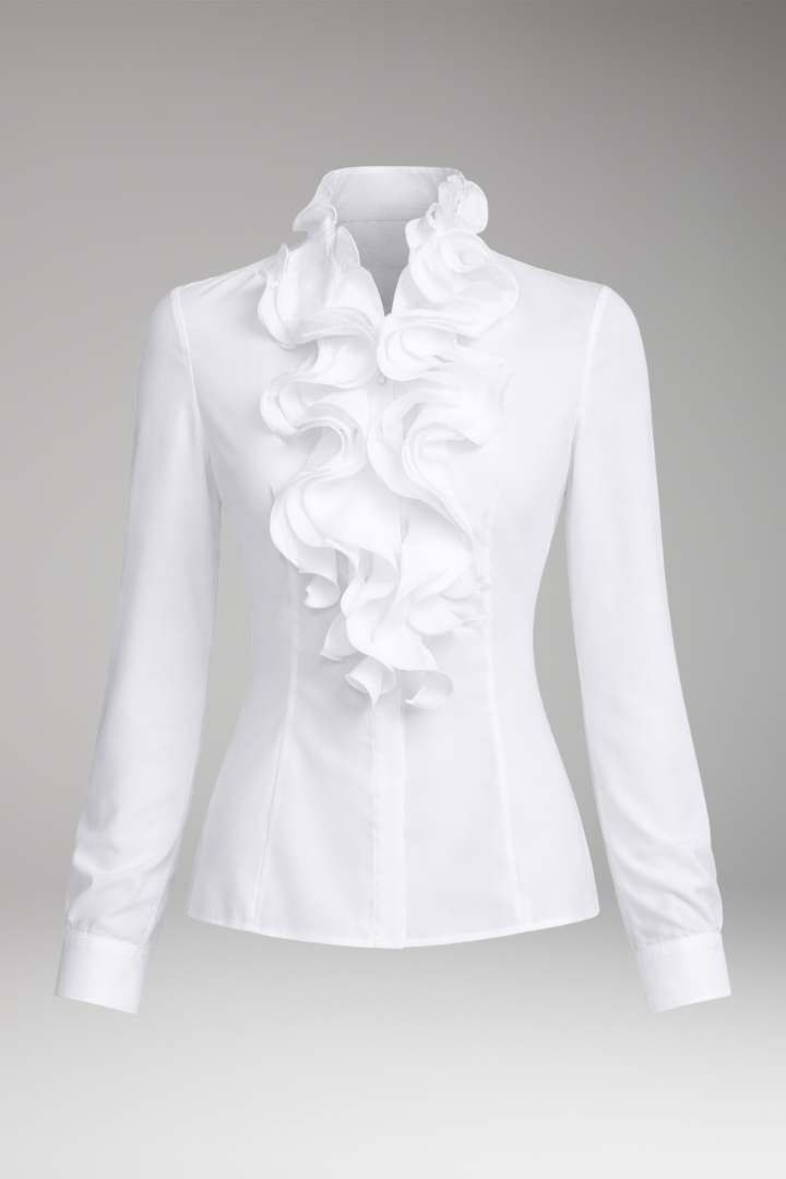 Women’s Blouse with High Neck and Front Ruffles