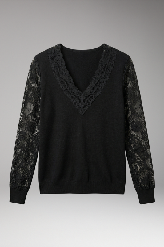Women's Blouse with Lace Sleeves and V-Neckline