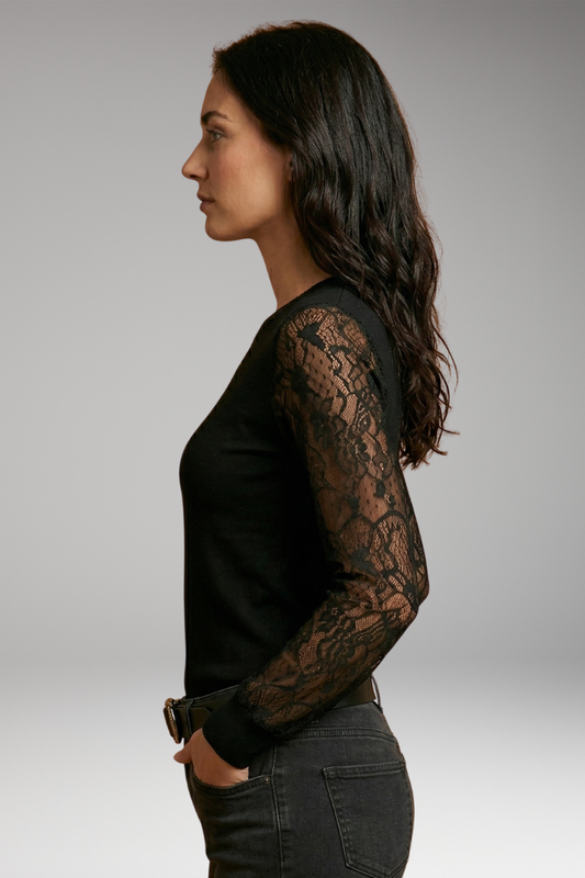 Women's Blouse with Lace Sleeves and V-Neckline