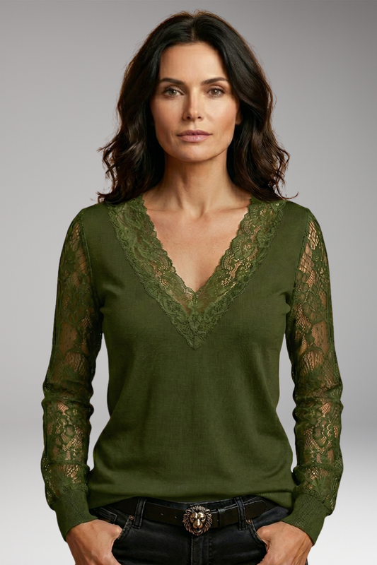 Women's Blouse with Lace Sleeves and V-Neckline
