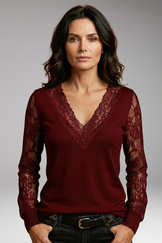 Women's Blouse with Lace Sleeves and V-Neckline