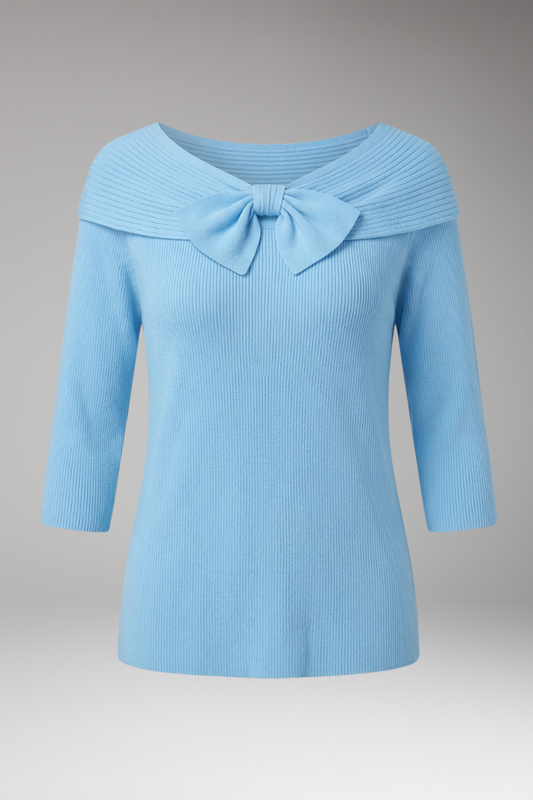 Women's Knitted Top with Bow Neckline and Cotton Blend