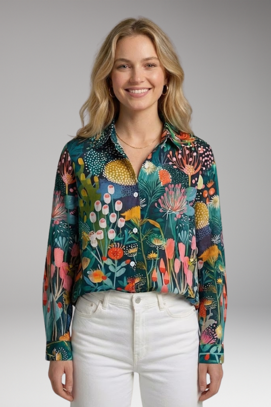 Women's Blouse with Patterned Surface and Stretch Fabric