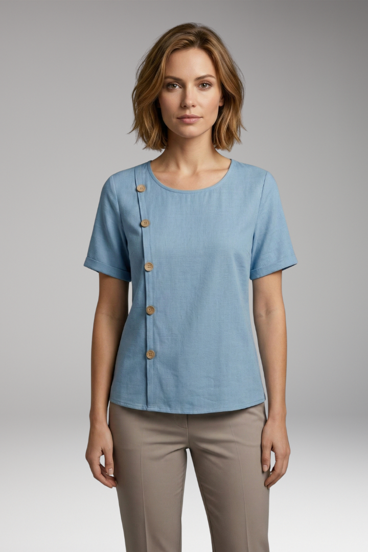 Women’s Blouse with Round Neckline and Side Buttons