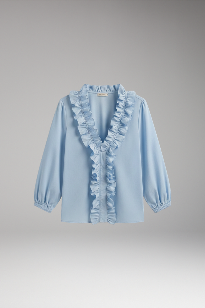 Women’s Blouse with Ruffle V-Neck and Long Sleeves