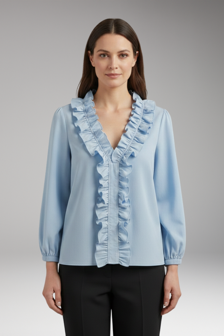 Women’s Blouse with Ruffle V-Neck and Long Sleeves