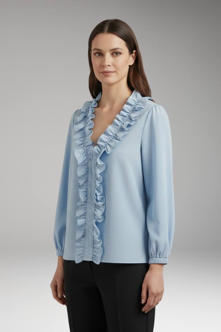 Women’s Blouse with Ruffle V-Neck and Long Sleeves