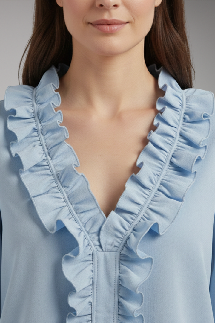 Women’s Blouse with Ruffle V-Neck and Long Sleeves