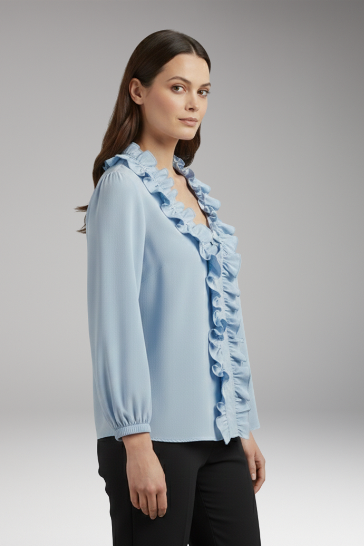 Women’s Blouse with Ruffle V-Neck and Long Sleeves
