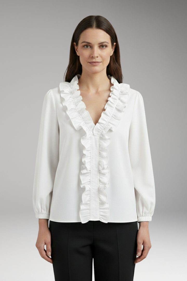 Women’s Blouse with Ruffle V-Neck and Long Sleeves