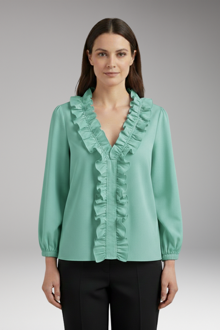 Women’s Blouse with Ruffle V-Neck and Long Sleeves