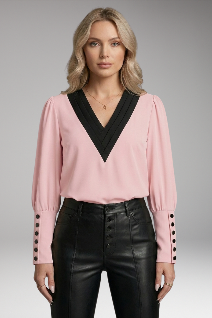 Women's Blouse with V-Neck and Buttoned Cuffs