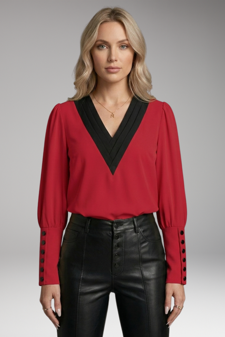 Women's Blouse with V-Neck and Buttoned Cuffs