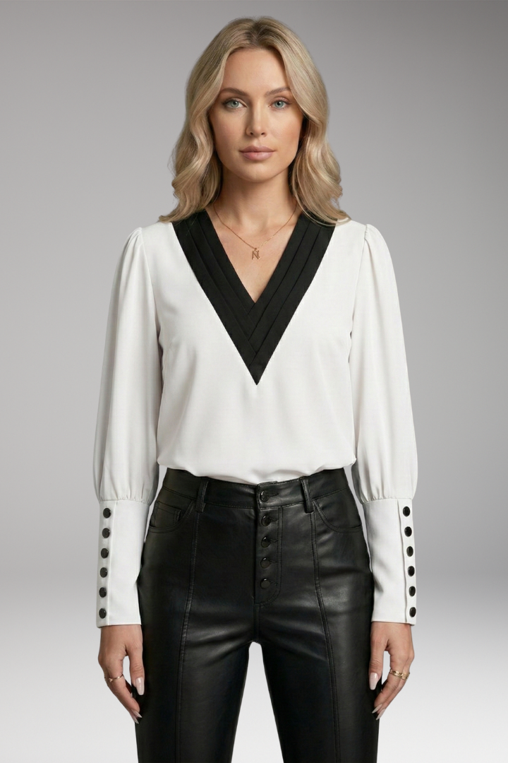 Women's Blouse with V-Neck and Buttoned Cuffs
