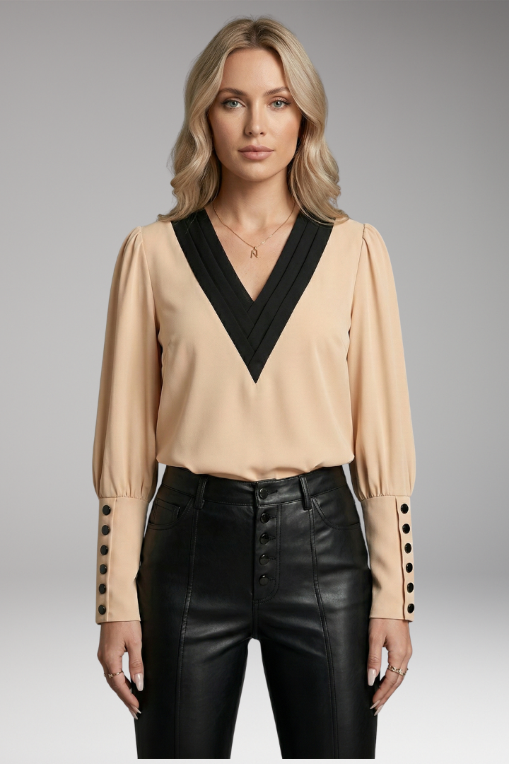 Women's Blouse with V-Neck and Buttoned Cuffs