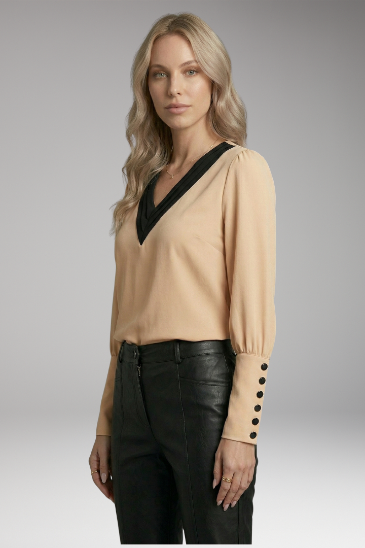 Women's Blouse with V-Neck and Buttoned Cuffs