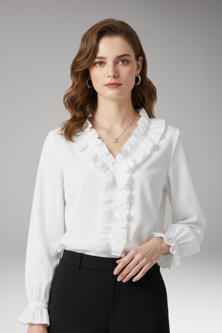 Women’s Blouse with V-Neckline and Ruffled Detail