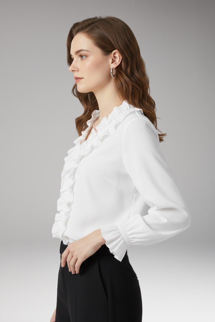 Women’s Blouse with V-Neckline and Ruffled Detail