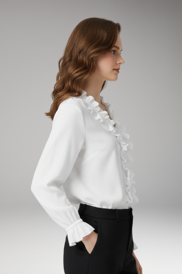 Women’s Blouse with V-Neckline and Ruffled Detail