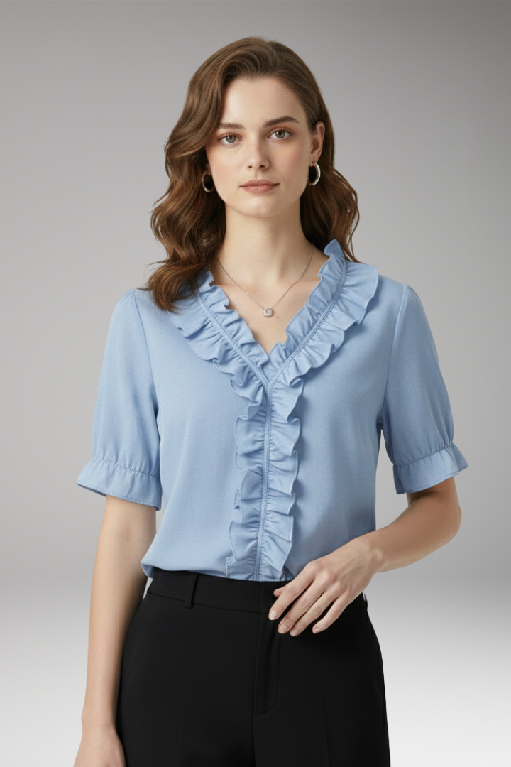 Women’s Blouse with V-Neckline and Ruffled Detail