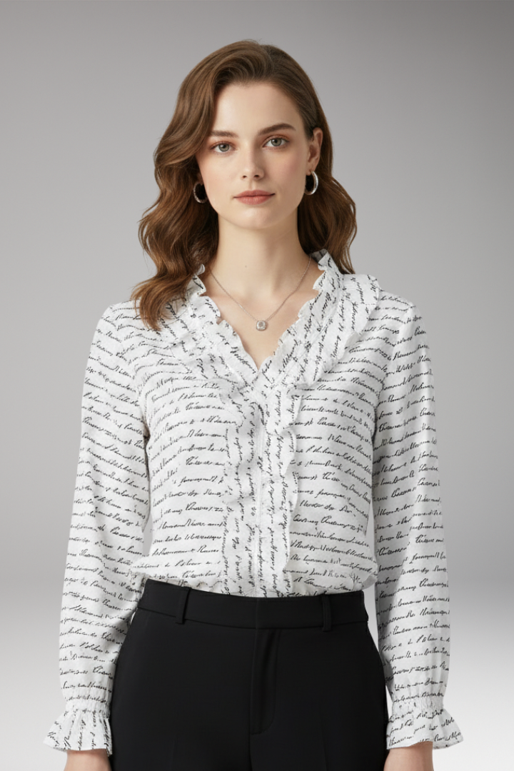 Women’s Blouse with V-Neckline and Ruffled Detail