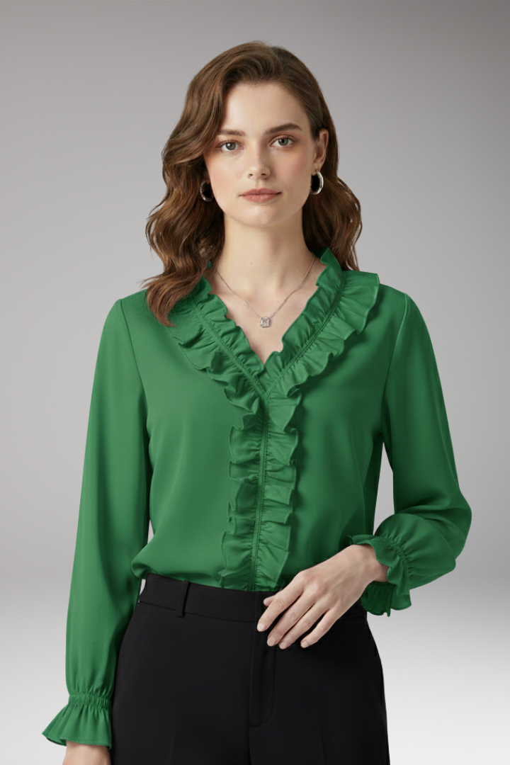 Women’s Blouse with V-Neckline and Ruffled Detail