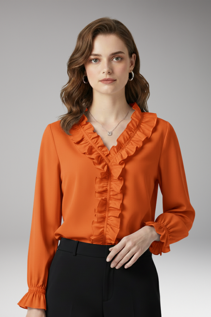 Women’s Blouse with V-Neckline and Ruffled Detail